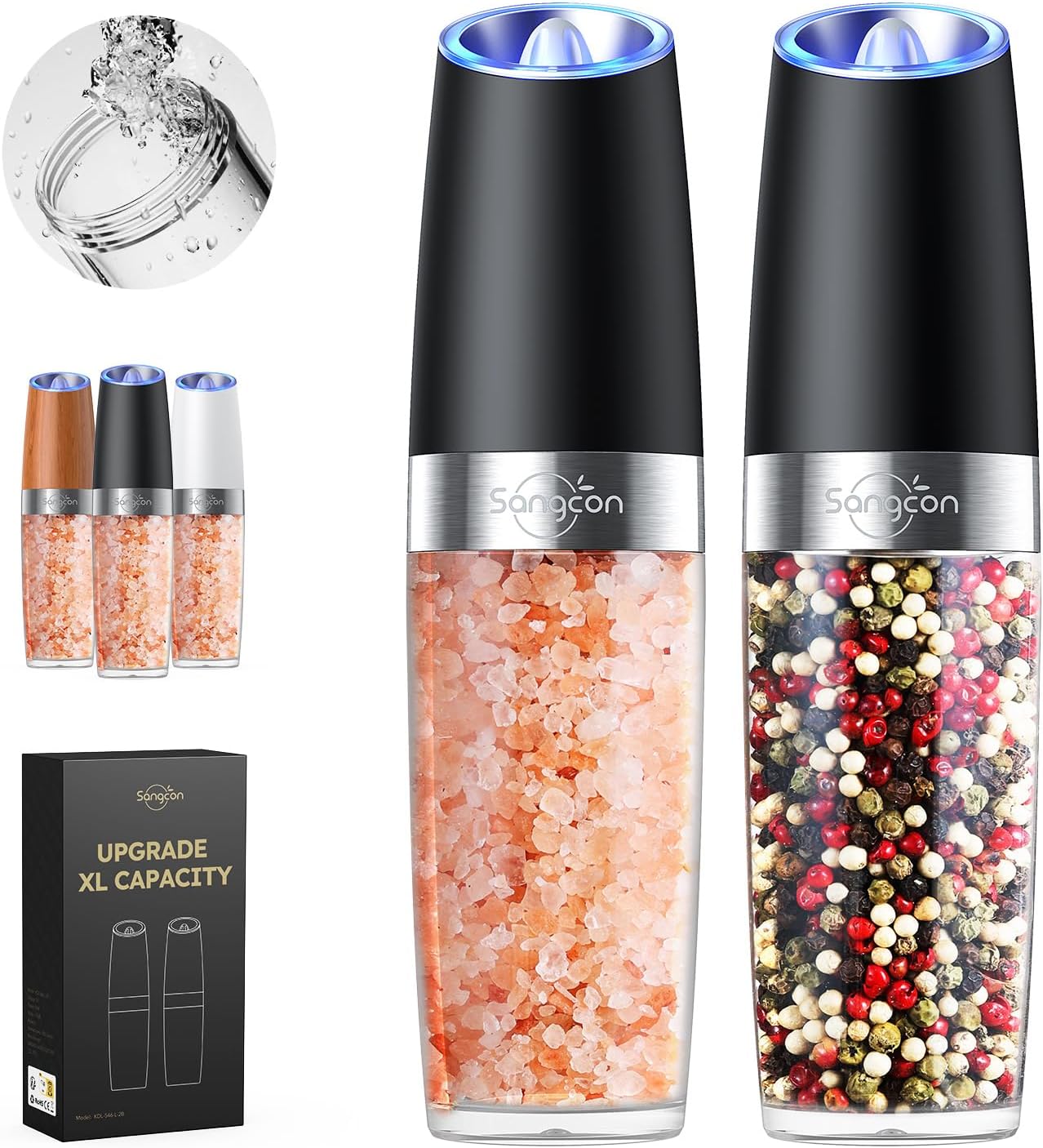 Sangcon Gravity Electric Salt and Pepper Grinder Set Shakers UPGRADED 9OZ XL CAP...