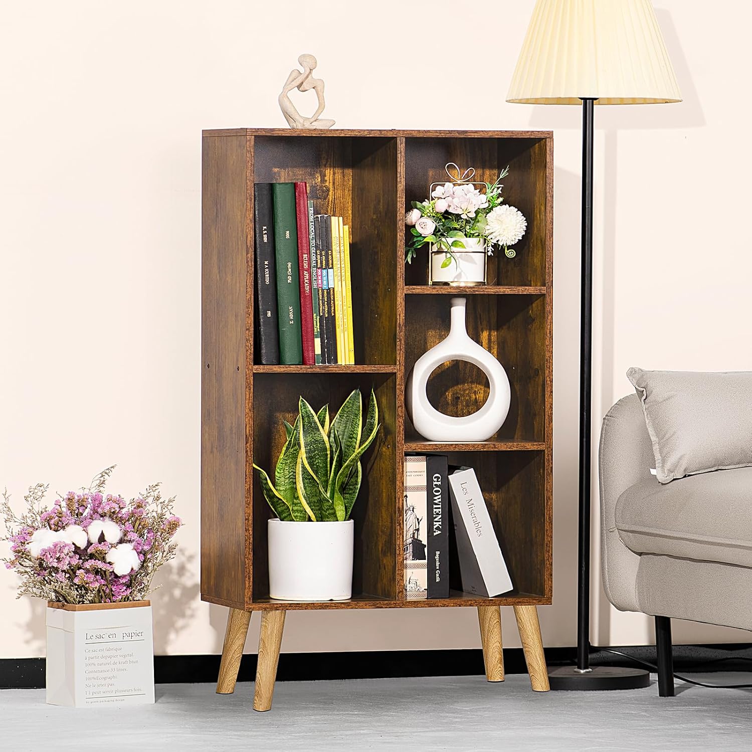 LEYAOYAO 5 Cube Small Bookshelf,3 Tier Mid-Century Bookcase with Legs,Wood Books...