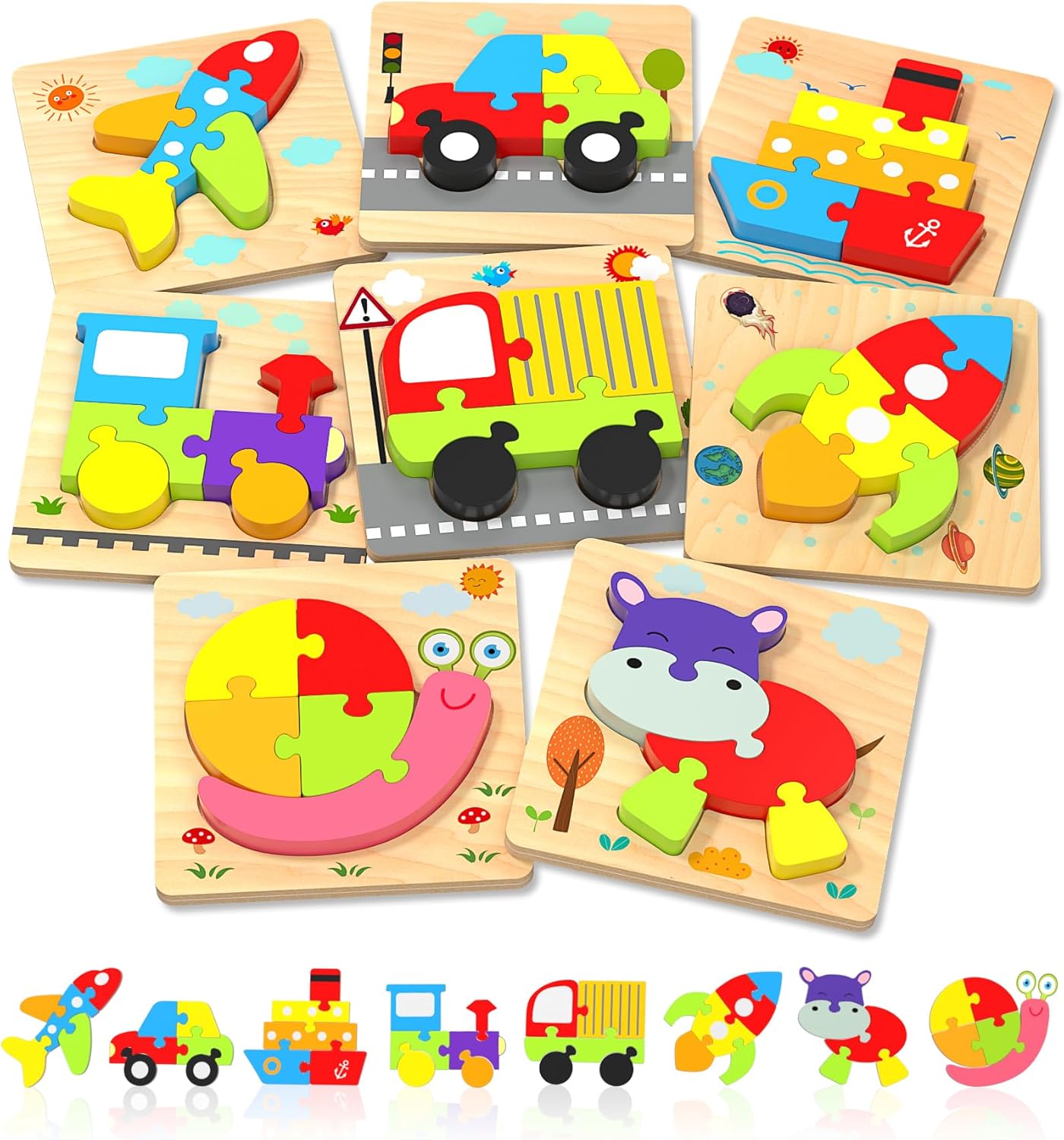 Wooden Toddler Puzzles Gifts Toys for 1 2 3 Years Old Boys Girls, 8 Pack Jigsaw...