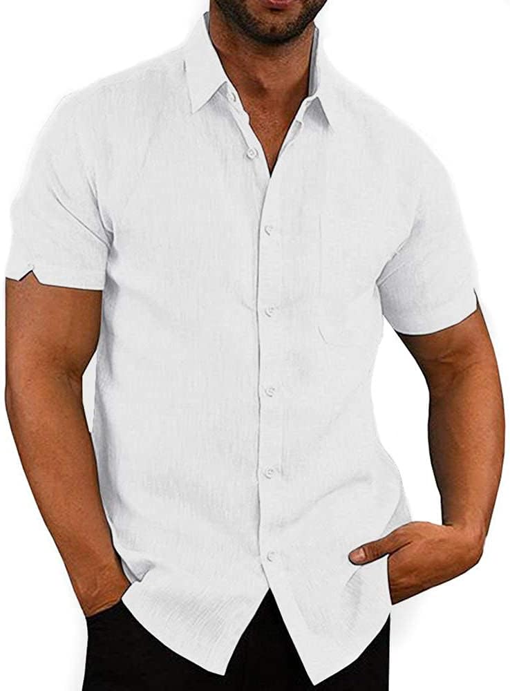 Button Down Short Sleeve Linen Shirts for Men Summ...