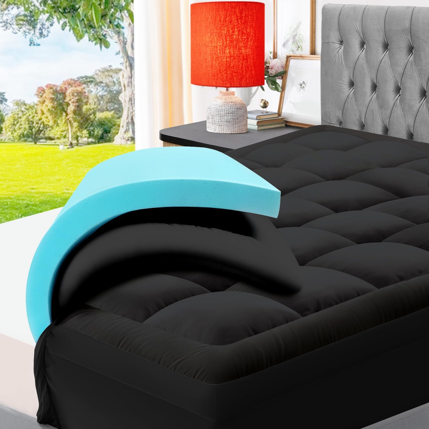 ELEMUSE Black Memory Foam Mattress Topper with Fluffy Pillow Top Cover, Mattress...