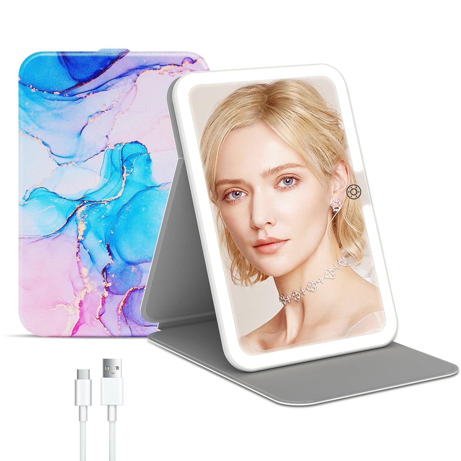 Rechargeable Travel Lighted Makeup Mirror with PU Leather Cover, Portable Travel...