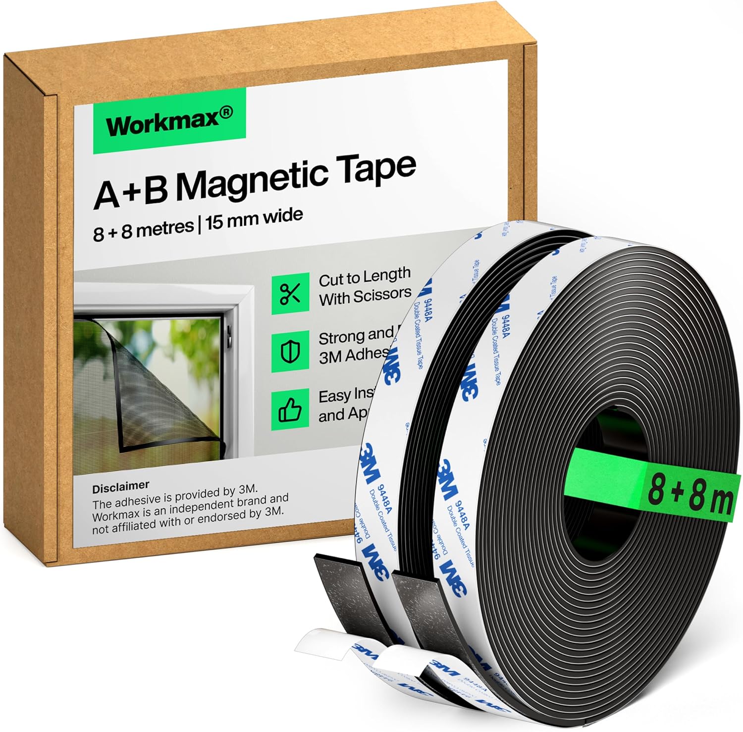 WORKMAX® A+B Magnetic Tape for Fly Screens and Mosquito Nets (8+8 m) | Cut to Fi...