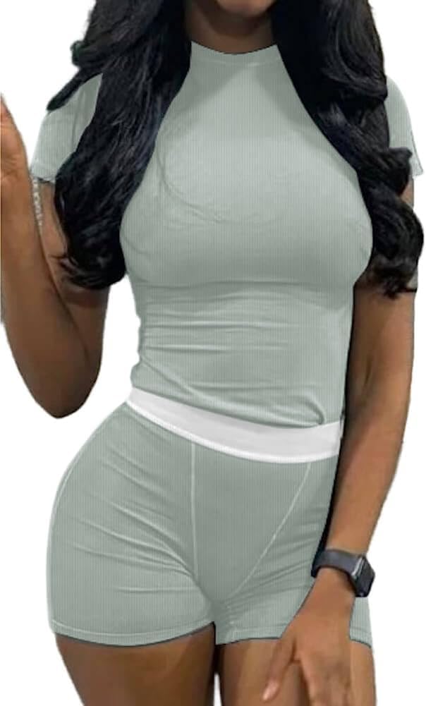Casual Workout Two Piece Outfits for Women Fitted Crew Neck T-shirt High Waist p...
