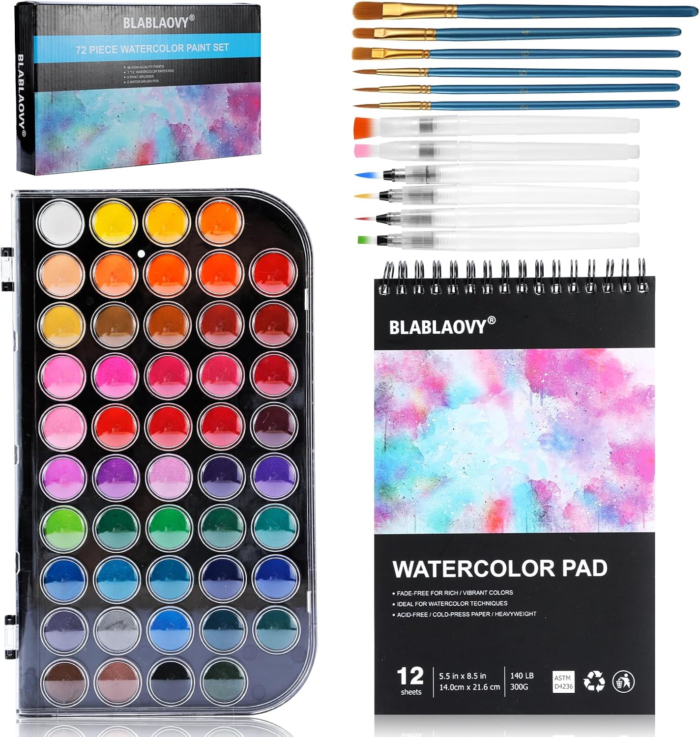 Watercolor Paint, 48 Colors Washable Paint Set, 6 Brush, 6 Refillable Water Brus...