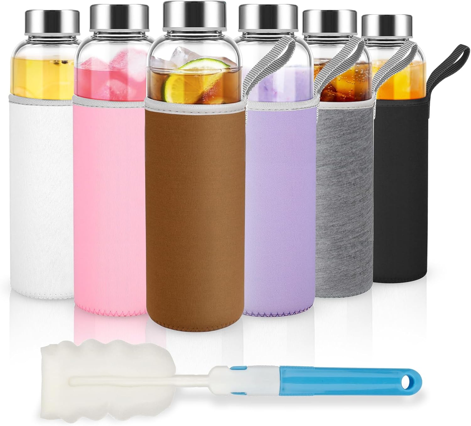 18 oz Glass Water Bottles with Lids and Nylon Bottle Protection Sleeves, Reusabl...