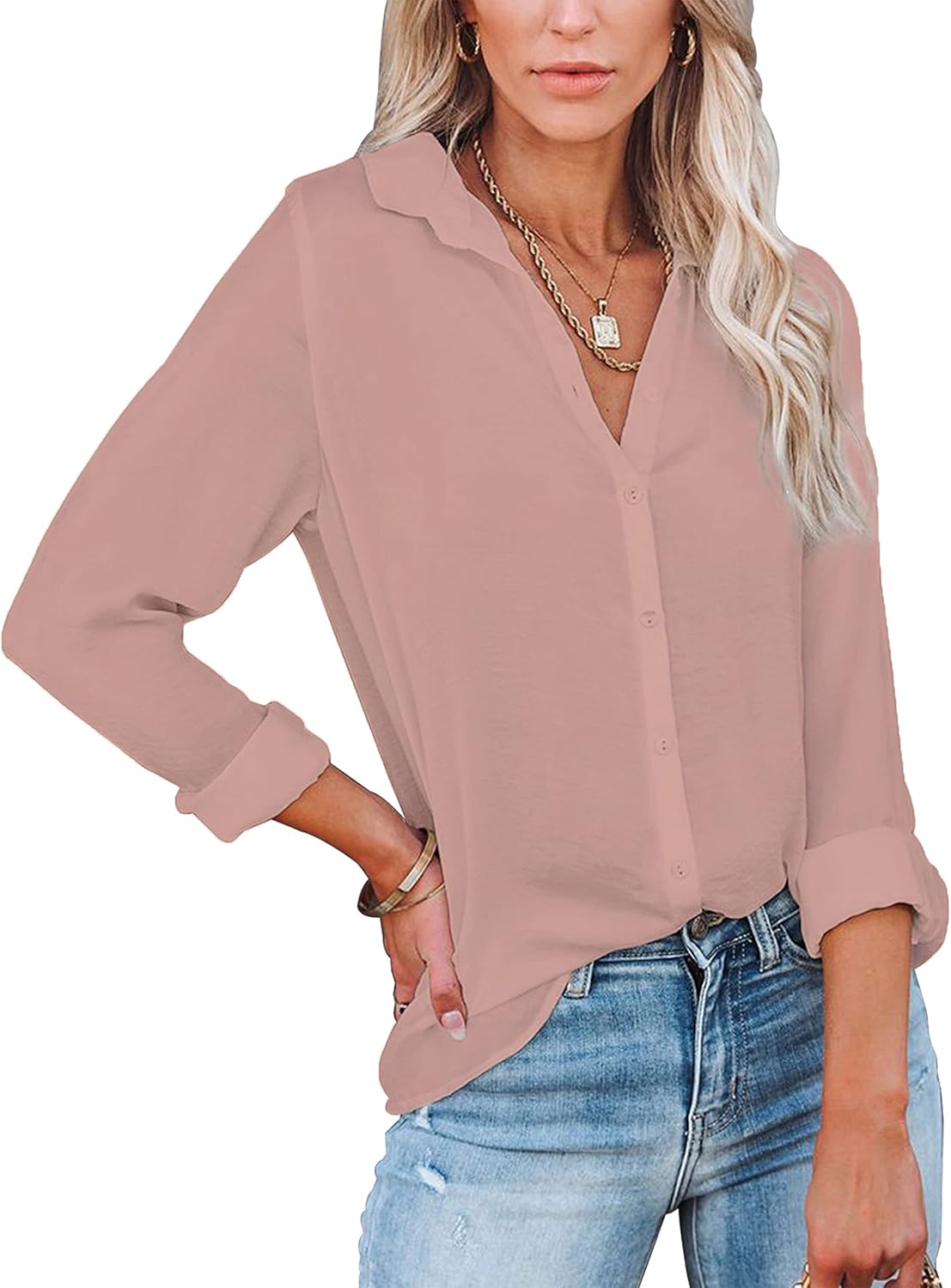 Diosun Womens Button Down V Neck Shirts Long/Short Sleeve Office Casual Business...