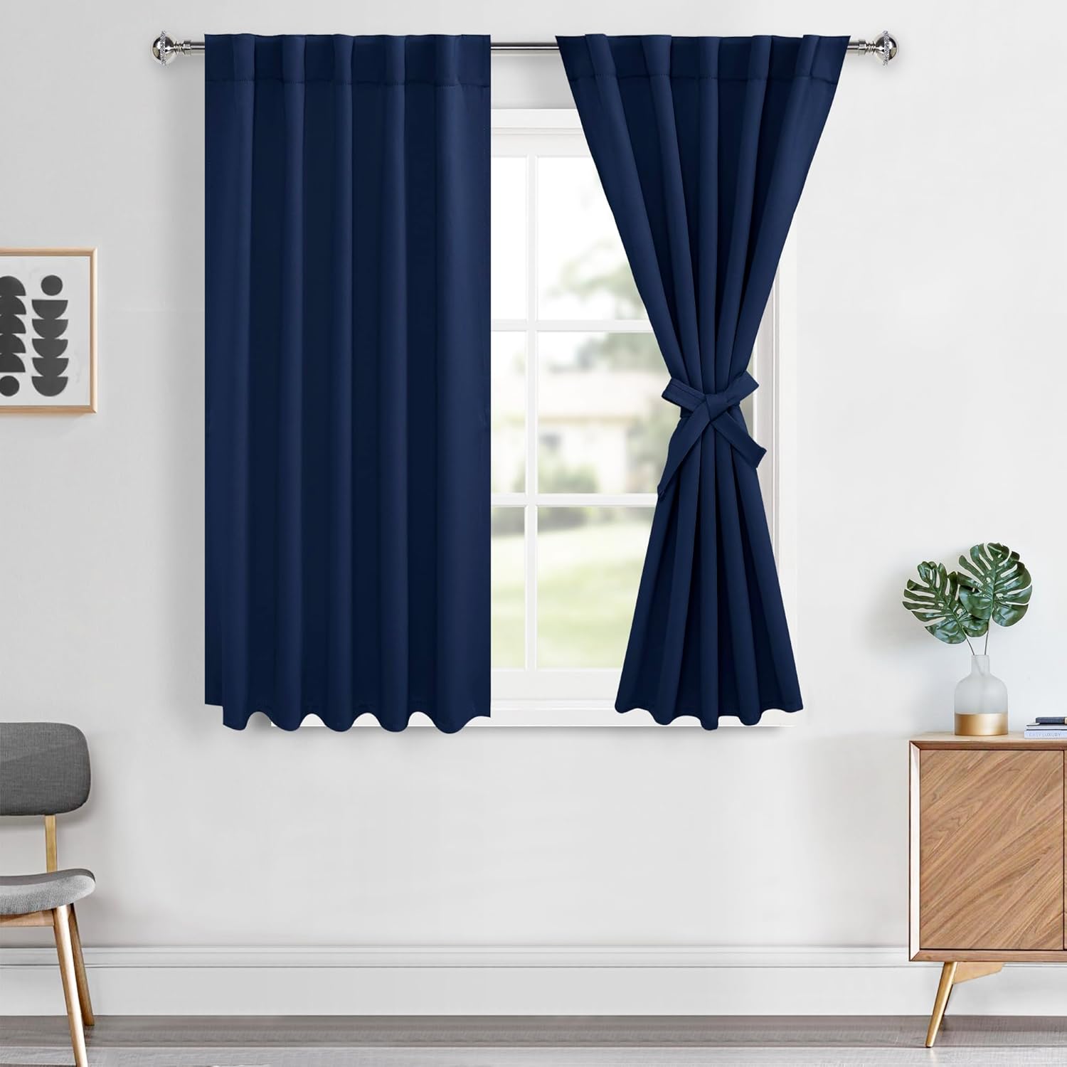 Hiasan Navy Blue Curtains 45 inch Long, Light Blocking Thermal Insulated Rod Poc...