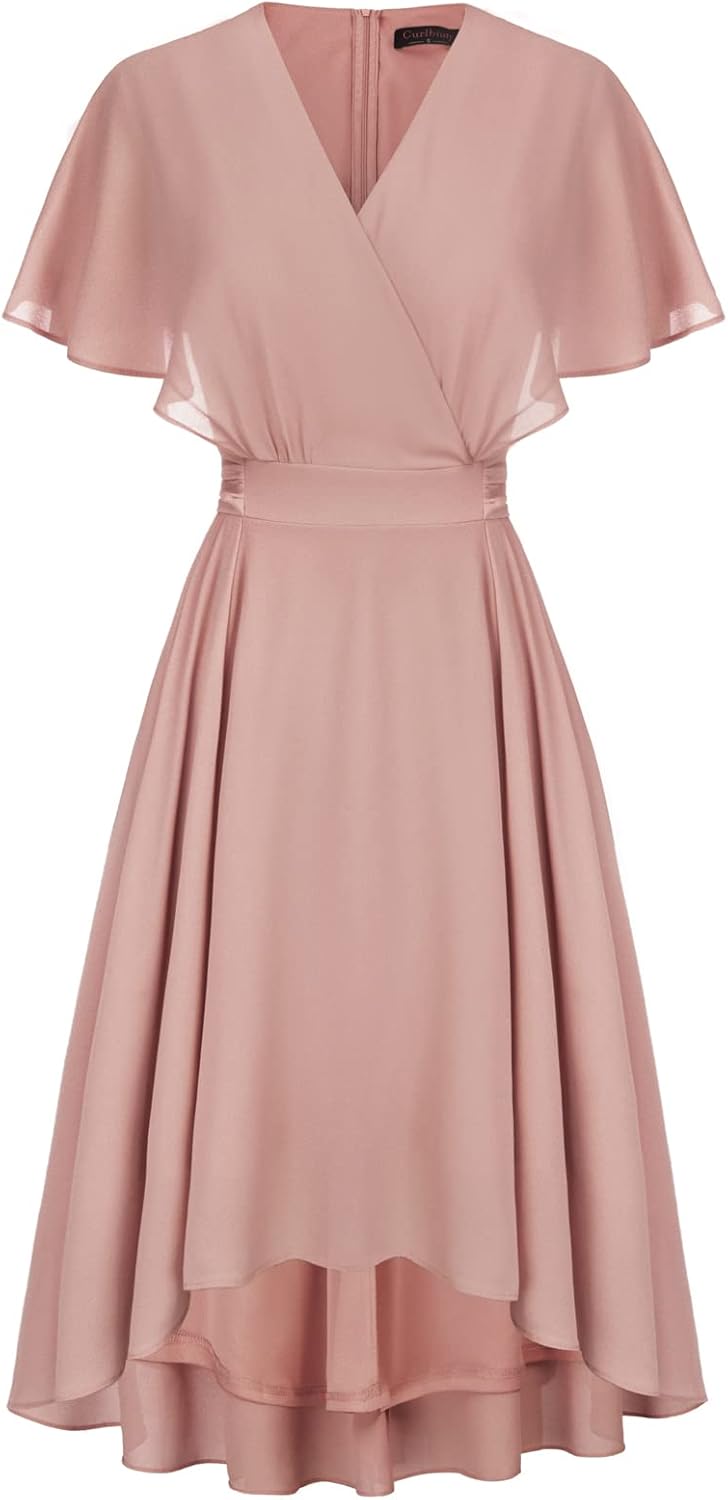 CURLBIUTY Women's Elegant Chiffon Dress Cape Sleeve V-Neck Dress for Cocktail We...