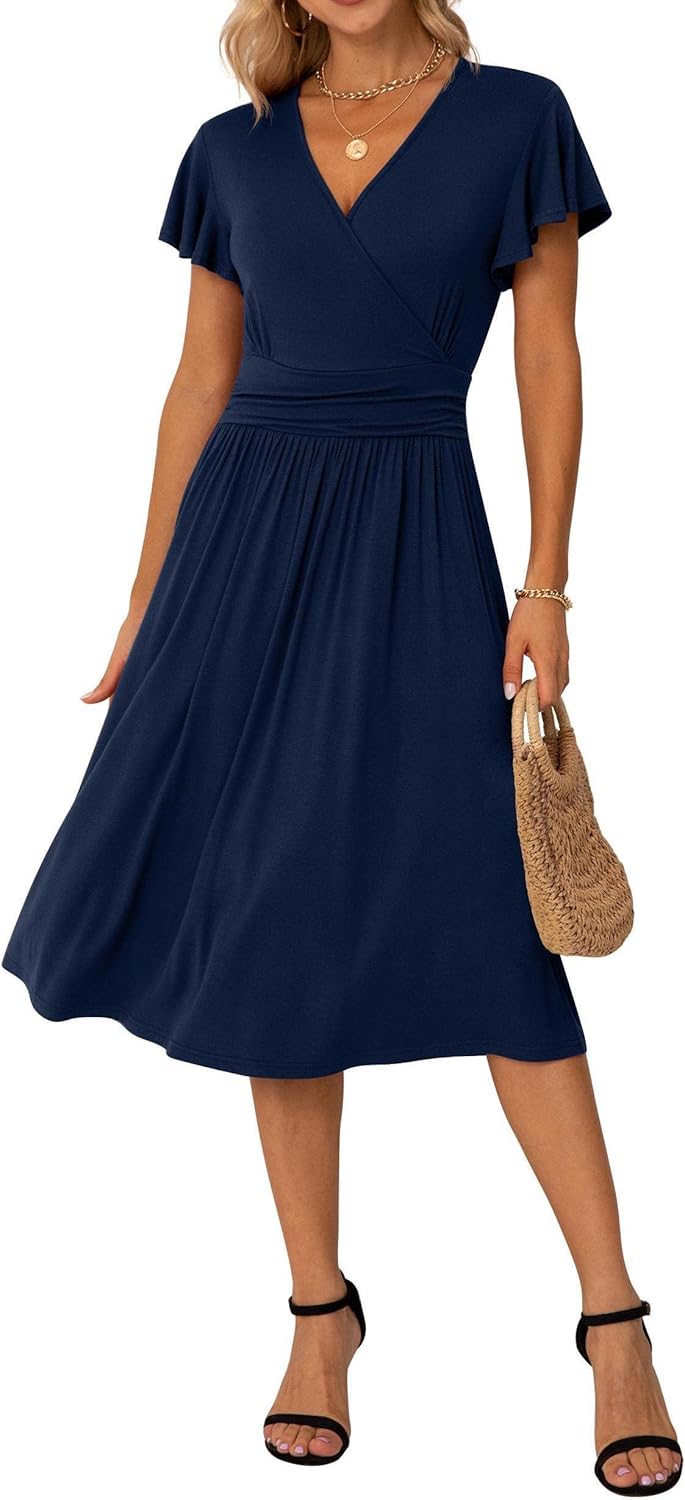 GRECERELLE Spring Summer Dress for Women Casual Ruffle Short Sleeve Wrap V-Neck...