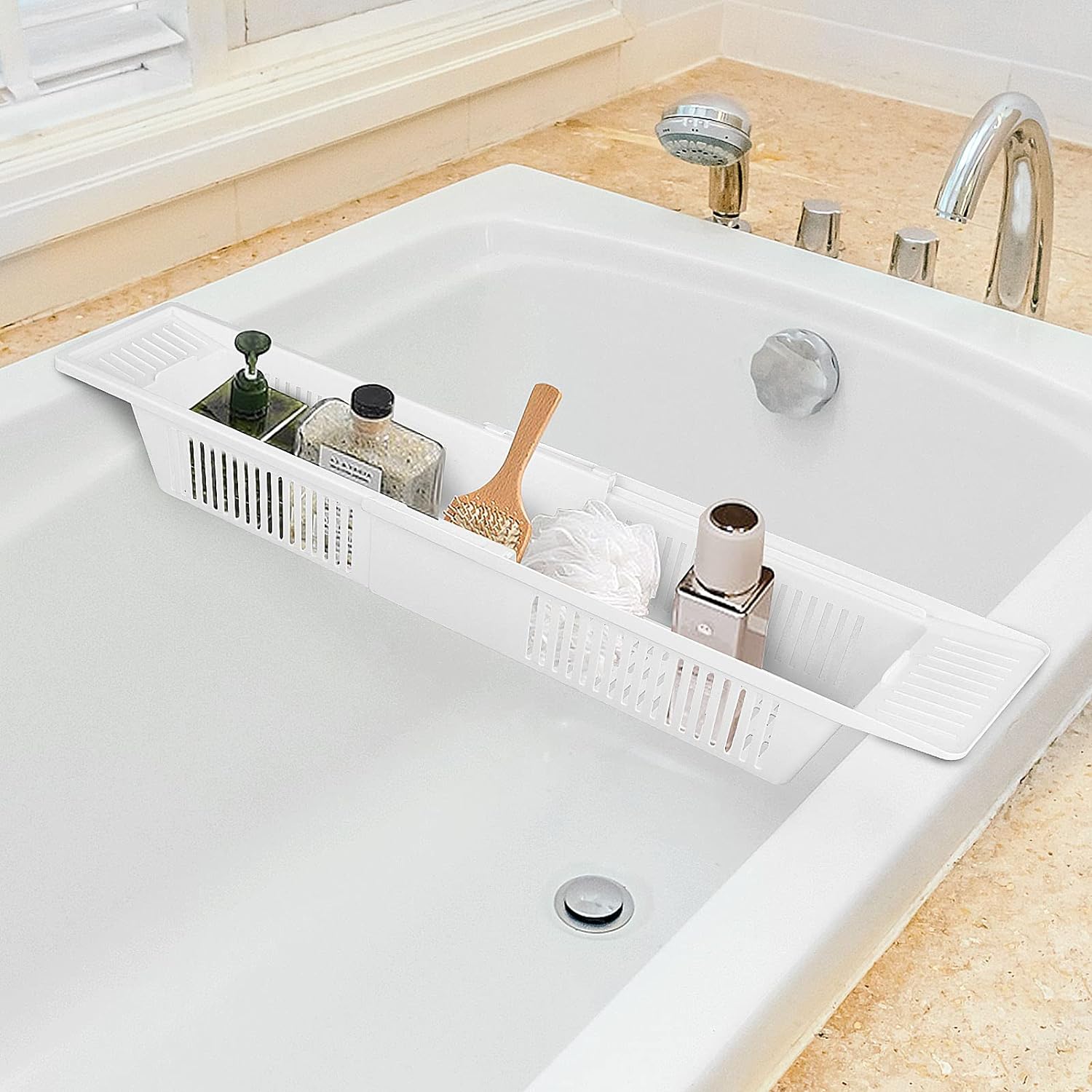 Shoze Plastic Bathtub Caddy Tray 57-86cm Adjustable Length Bath Bridge Rack Exte...