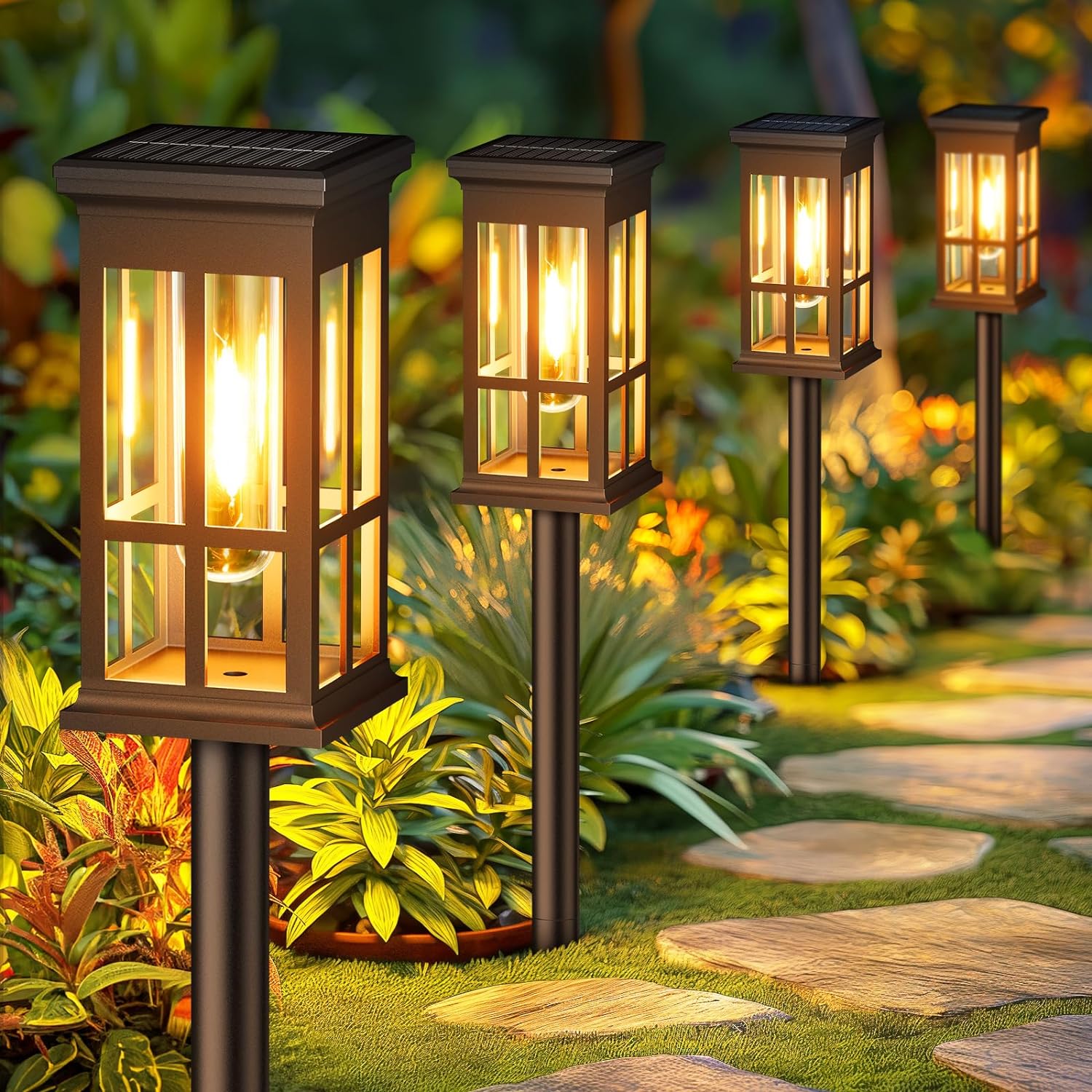 RECHOO Solar Lights Outdoor Garden, 4 Pack Garden Lights Solar Powered Waterproo...
