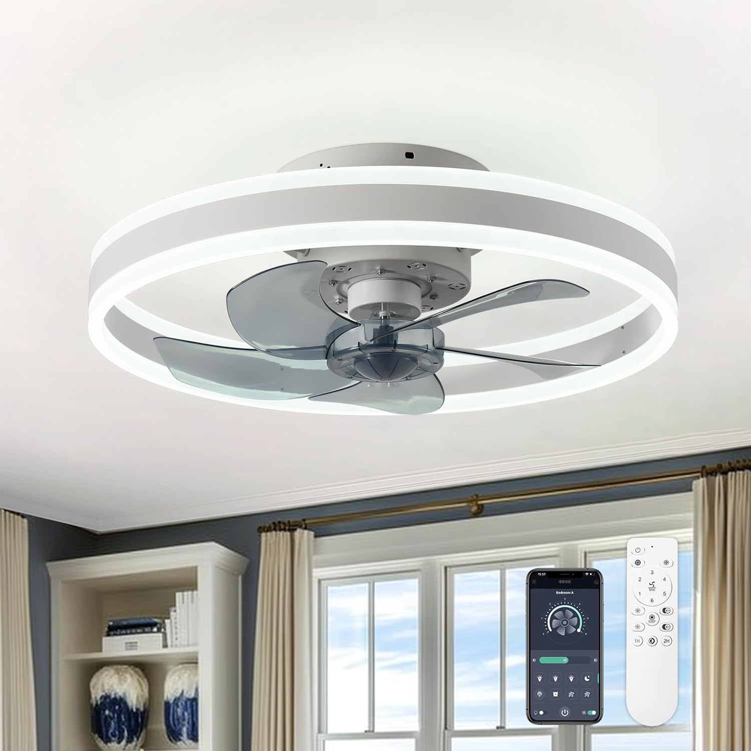 CHANFOK Ceiling Fan with Light - Flush Mount Modern Indoor 19.7" LED Dimmable Lo...