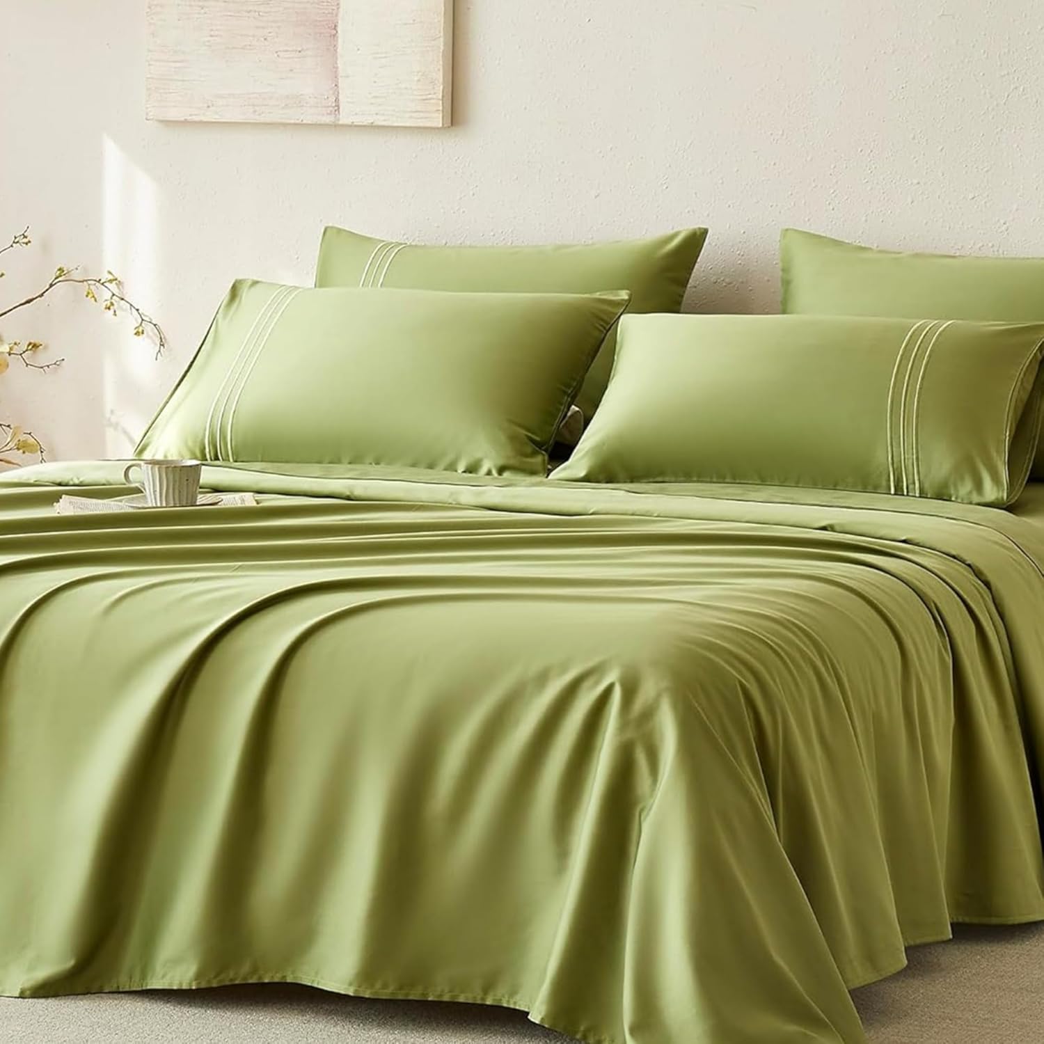 JELLYMONI Full Sheet Sets Green - 400 Thread Count 100% Cotton Sheets, 4 Pieces...
