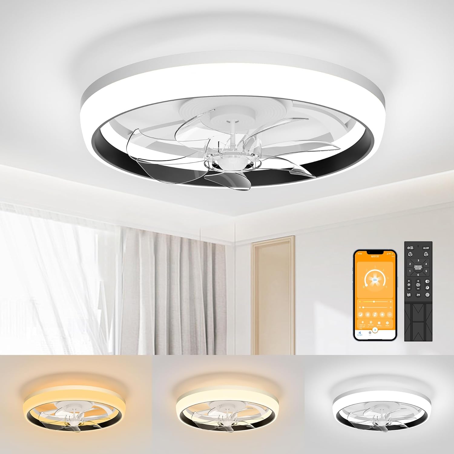 Black Ceiling Fans with Lights: 19 inch Bladeless Modern Ceiling Fans with Light...
