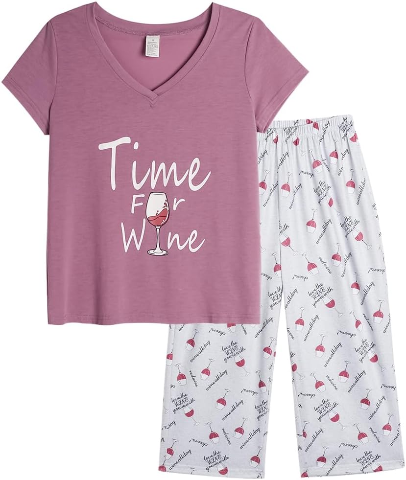 YIJIU Women's Short Sleeve Tops and Capri Pants Cute Cartoon Print Pajama Sets M...