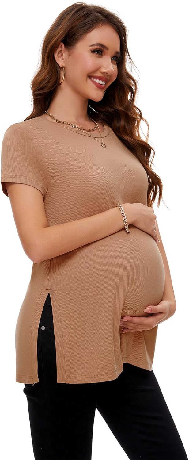 Smallshow Women's Short Sleeve Maternity Clothes Side Split Ribbed Pregnancy Top...
