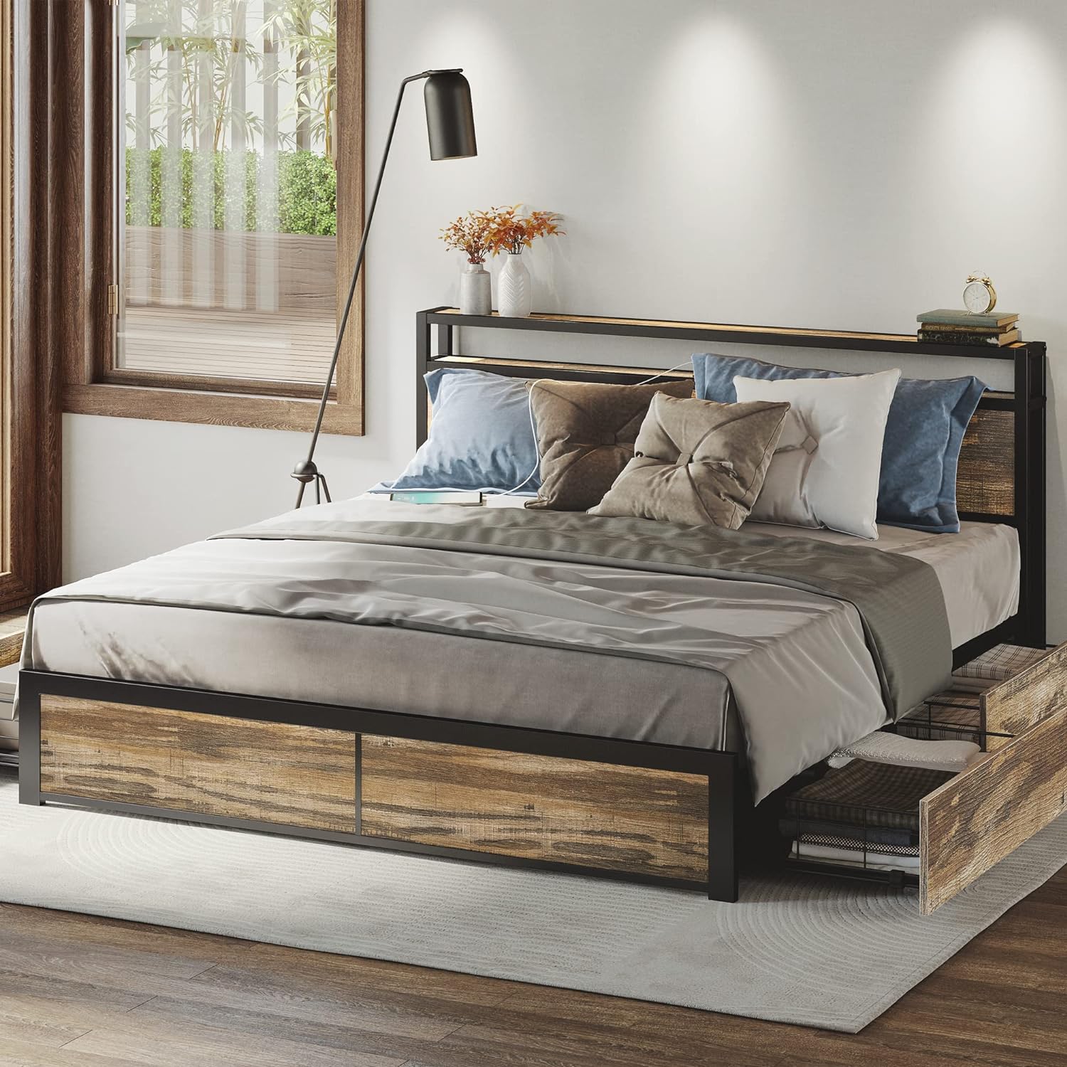 LIKIMIO Full Size Bed Frame with Storage, Two-Tier Storage Headboard with Chargi...