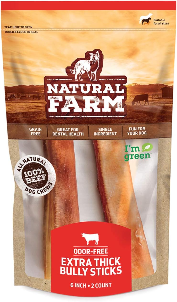 Natural Farm Odor-Free Jumbo Bully Sticks, (6 Inch, 2 Pack), Extra-Thick Chews f...