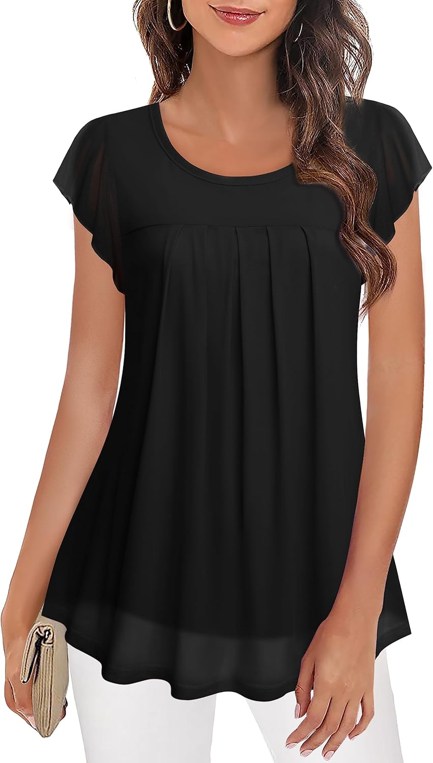 Furnex Women's Short Sleeve Tunic Shirt Pleated Mesh Blouses Summer Floral Tops...