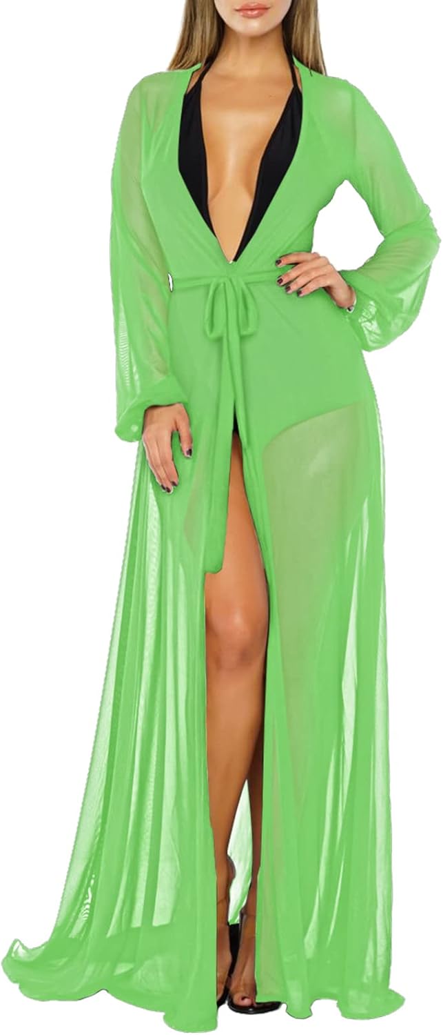 Women's Sexy Thin Mesh Long Sleeve Tie Front Swimsuit Swim Beach Maxi Cover Up D...