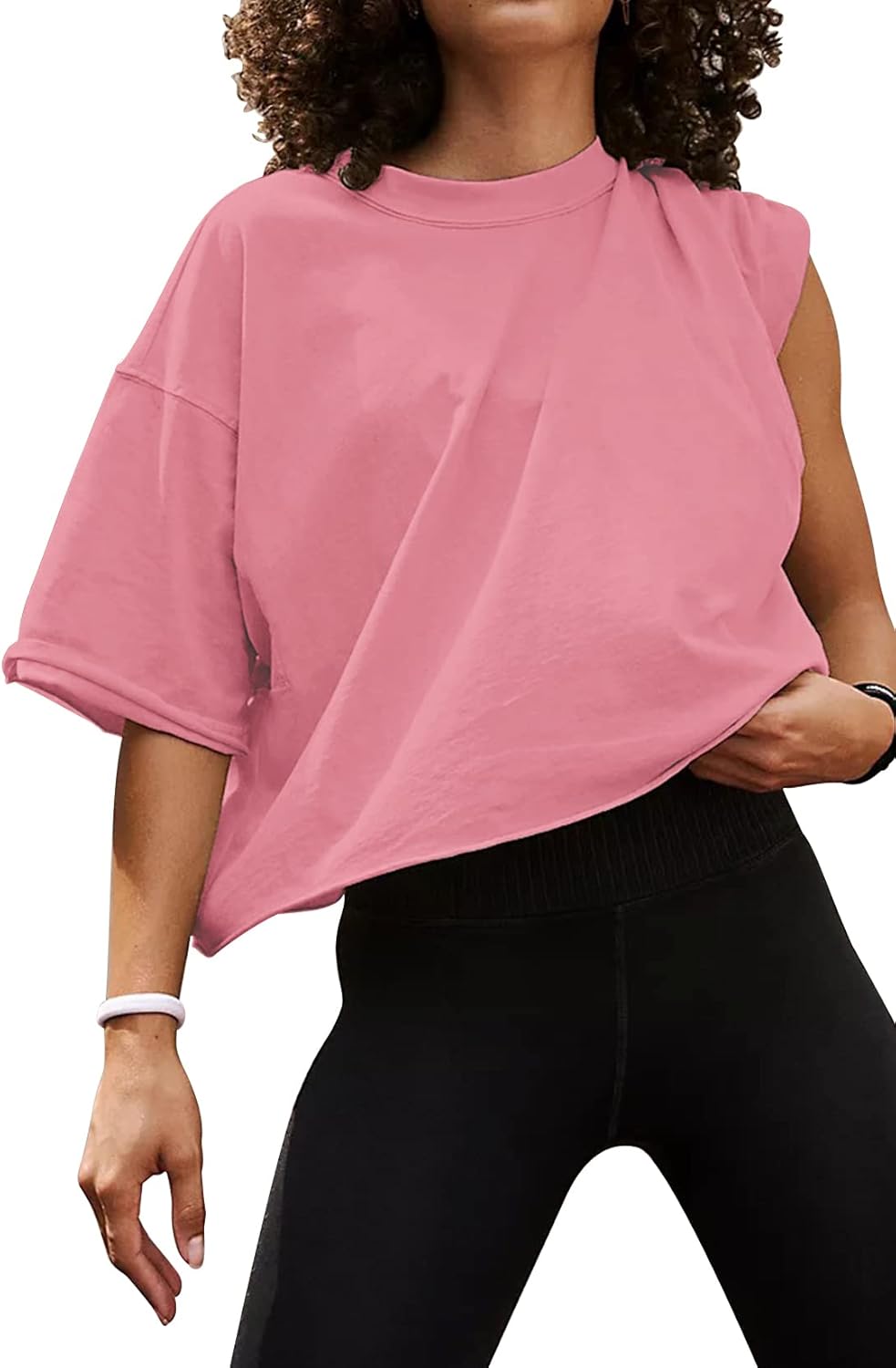 Women's Oversize Workout Crop Tops Casual Short Sleeve Drop Shoulder Boxy T-Shir...