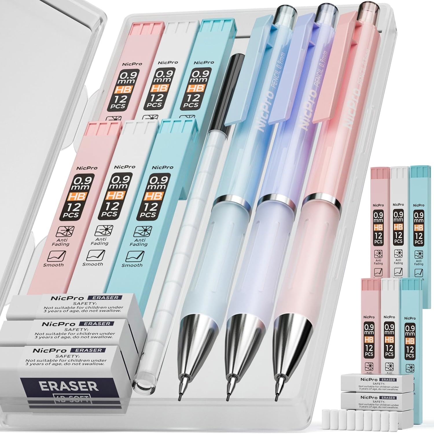 Nicpro 3PCS Pastel Mechanical Pencil Set, 0.9 Mechanical Pencil with 6 Tubes HB...