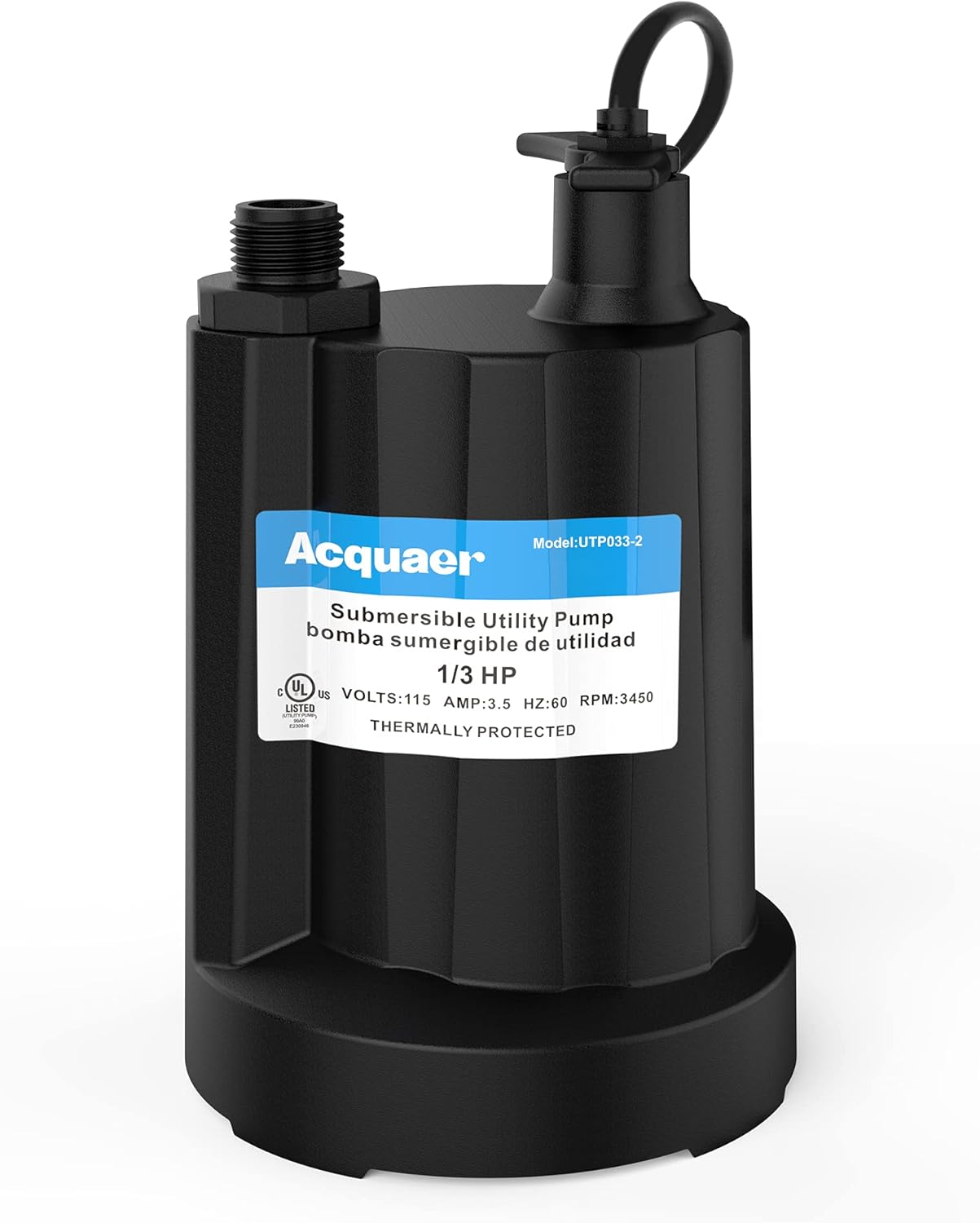 Acquaer 1/3 HP Submersible Water Pump 2160 GPH Sump Pump Thermoplastic Utility P...