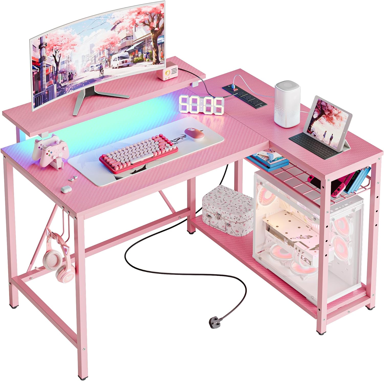 Bestier L Shaped Desk with Power Outlets & LED Lights Compact Corner Desk with S...