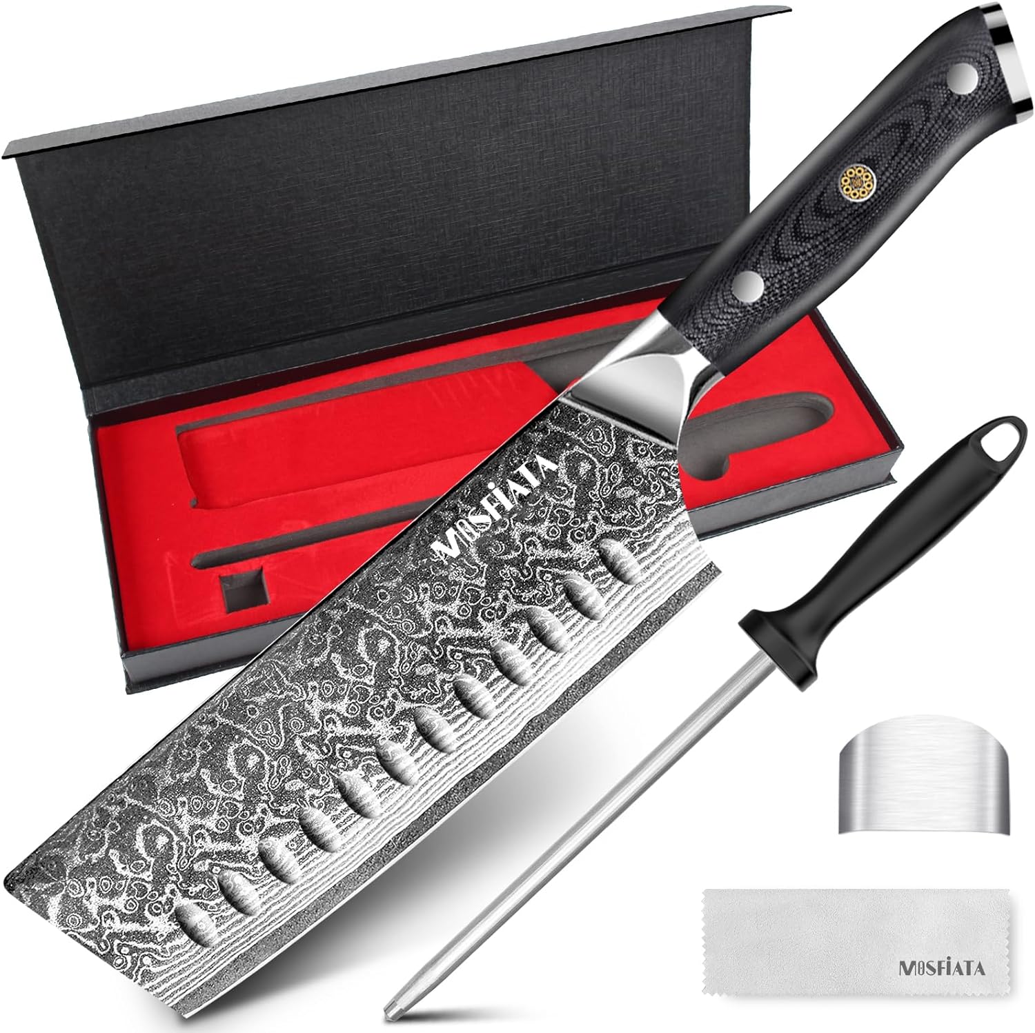 MOSFiATA Damascus Nakiri Chef Knife 7 inch, Ultra Sharp Kitchen Knife with 67-La...