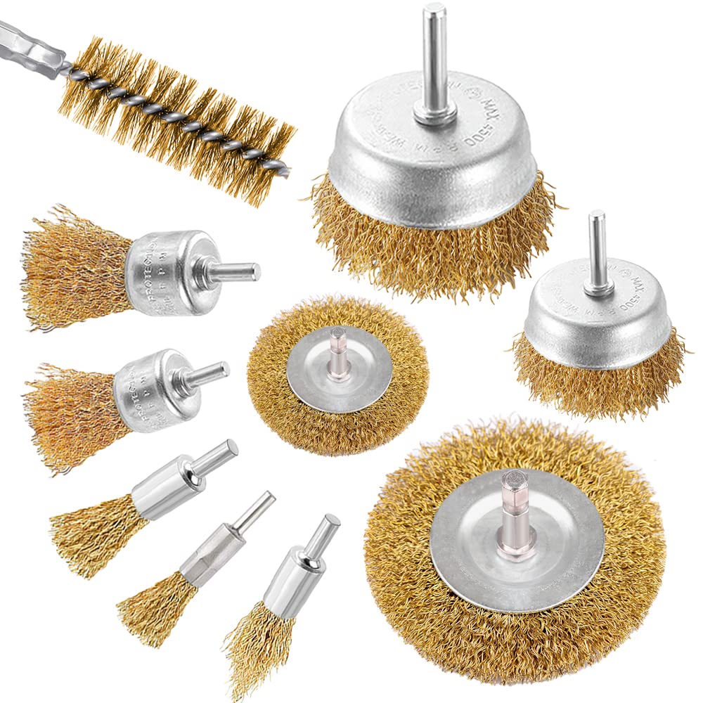 Wire Wheel Brush Drill 10 Piece Set, Brass Coated Wire Brush Wheel Set with 1/4-...