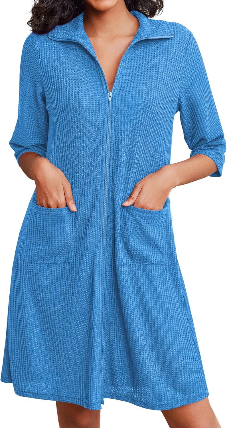 Ekouaer Zipper Robes, Special Women's Waffle Knit Bathrobes With Short Lightweig...