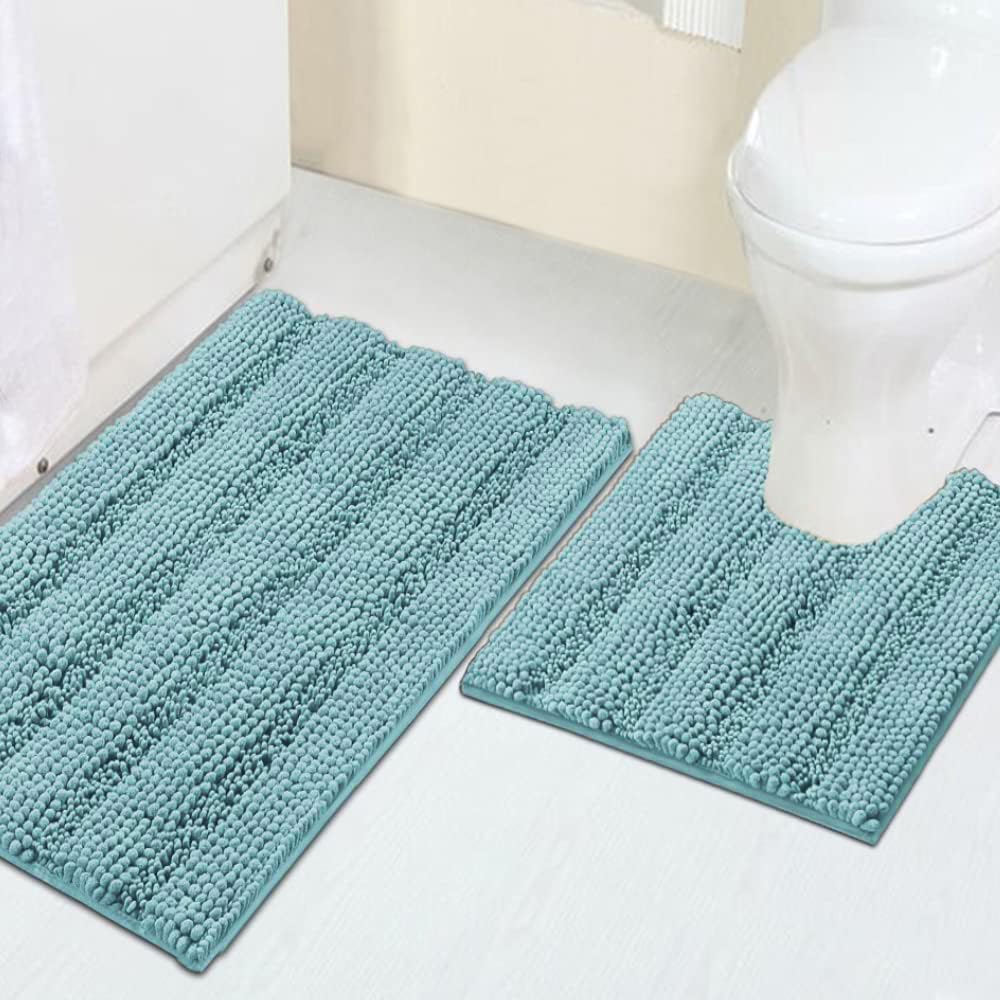 Turquoize Chenille Bathroom Rugs Set Non-Slip Bath...