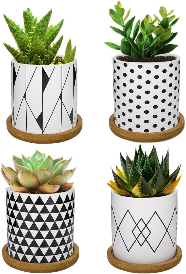 Lewondr 4 Pack Succulent Plant Pots, 2.8 Inch Ceramic Mini Flower Pots Planter w...