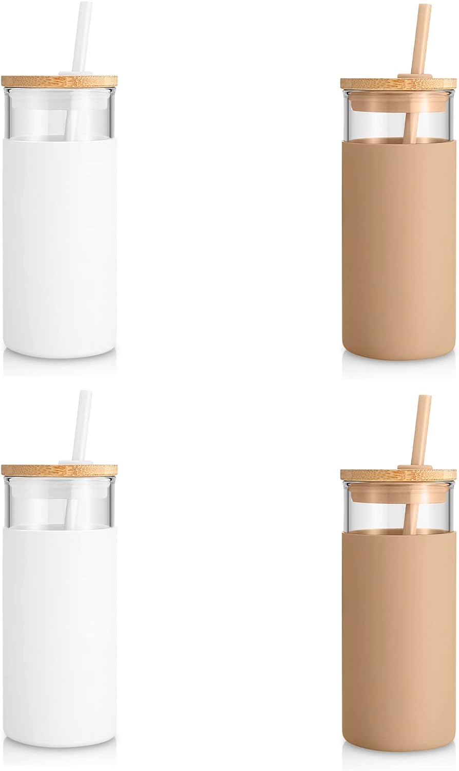 Tronco 20 oz Glass Tumbler Glass Water Bottle Straw Silicone Protective Sleeve B...