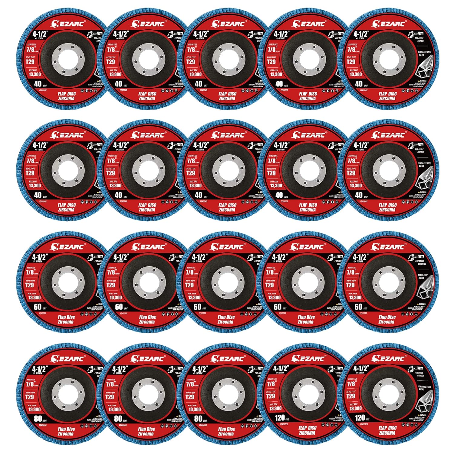 EZARC Flap Disc 20 Pack, 4.5" x 7/8", T29 Zirconia Abrasive Grinding Wheel, 40/6...