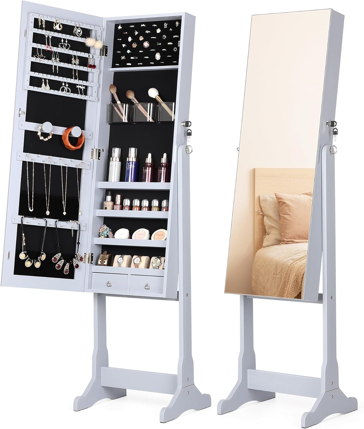 Nicetree Jewelry Cabinet with Full-Length Mirror, Standing Lockable Jewelry Armo...