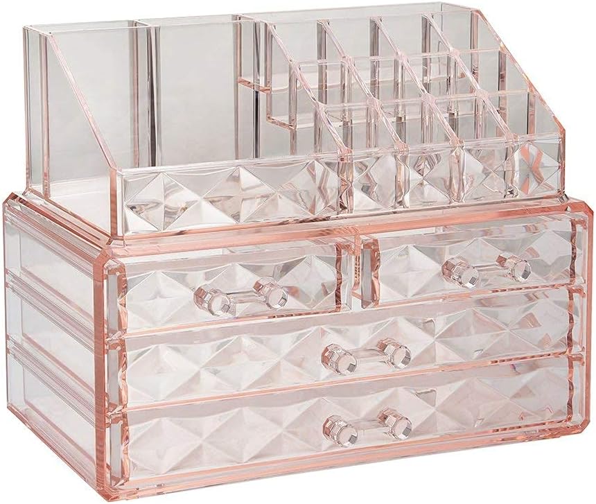 ZHIAI Jewelry and Cosmetic Boxes with Brush Holder - Pink Diamond Pattern Storag...