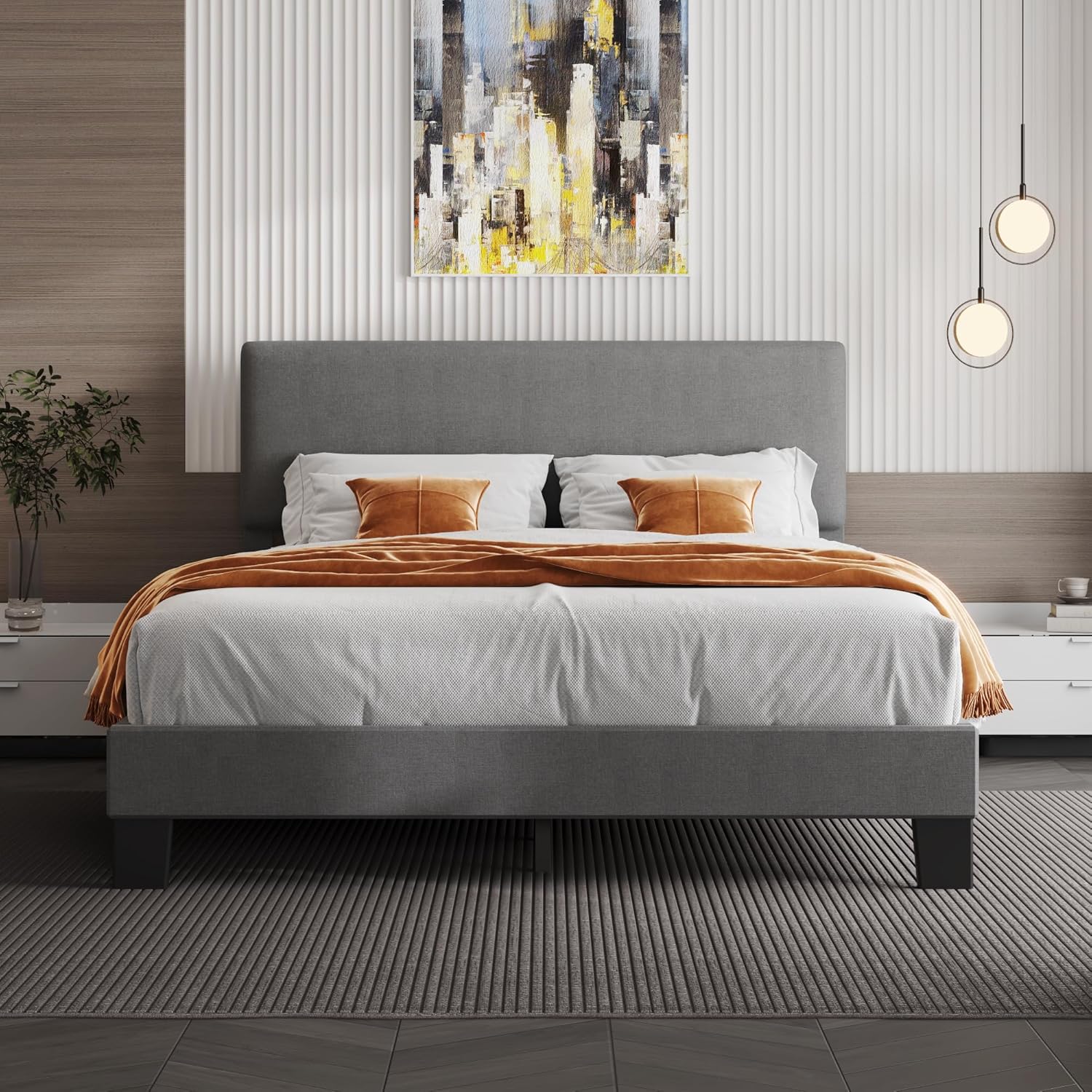 Full Bed Frame with Headboard, Linen Upholstered Platform Bed Frame with Adjusta...