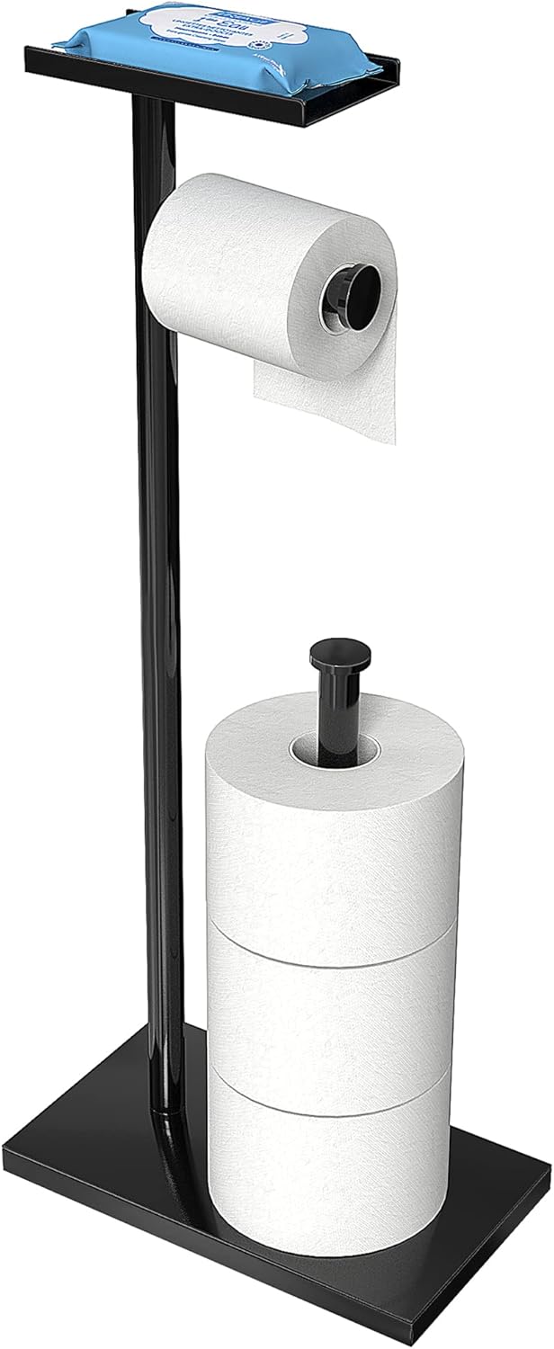 CISILY Black Toilet Paper Holder Stand with Phone Shelf, Bathroom Toliet Decor D...