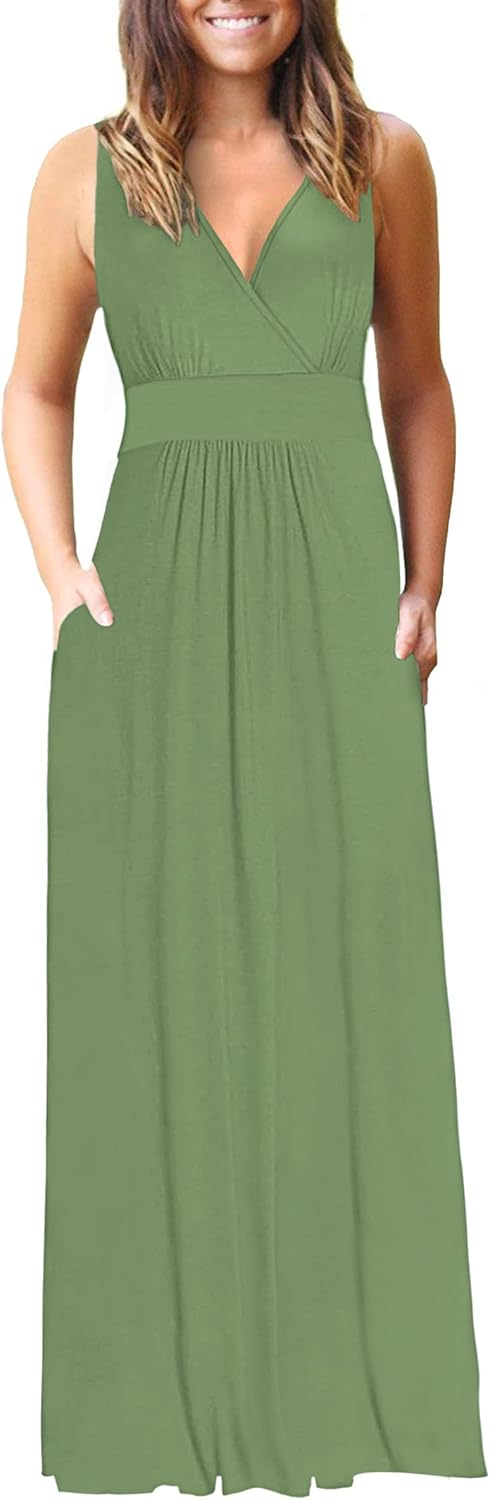 AUSELILY Women Summer Maxi Dress Sleeveless Long Dress V Neck Evening Dress Eleg...