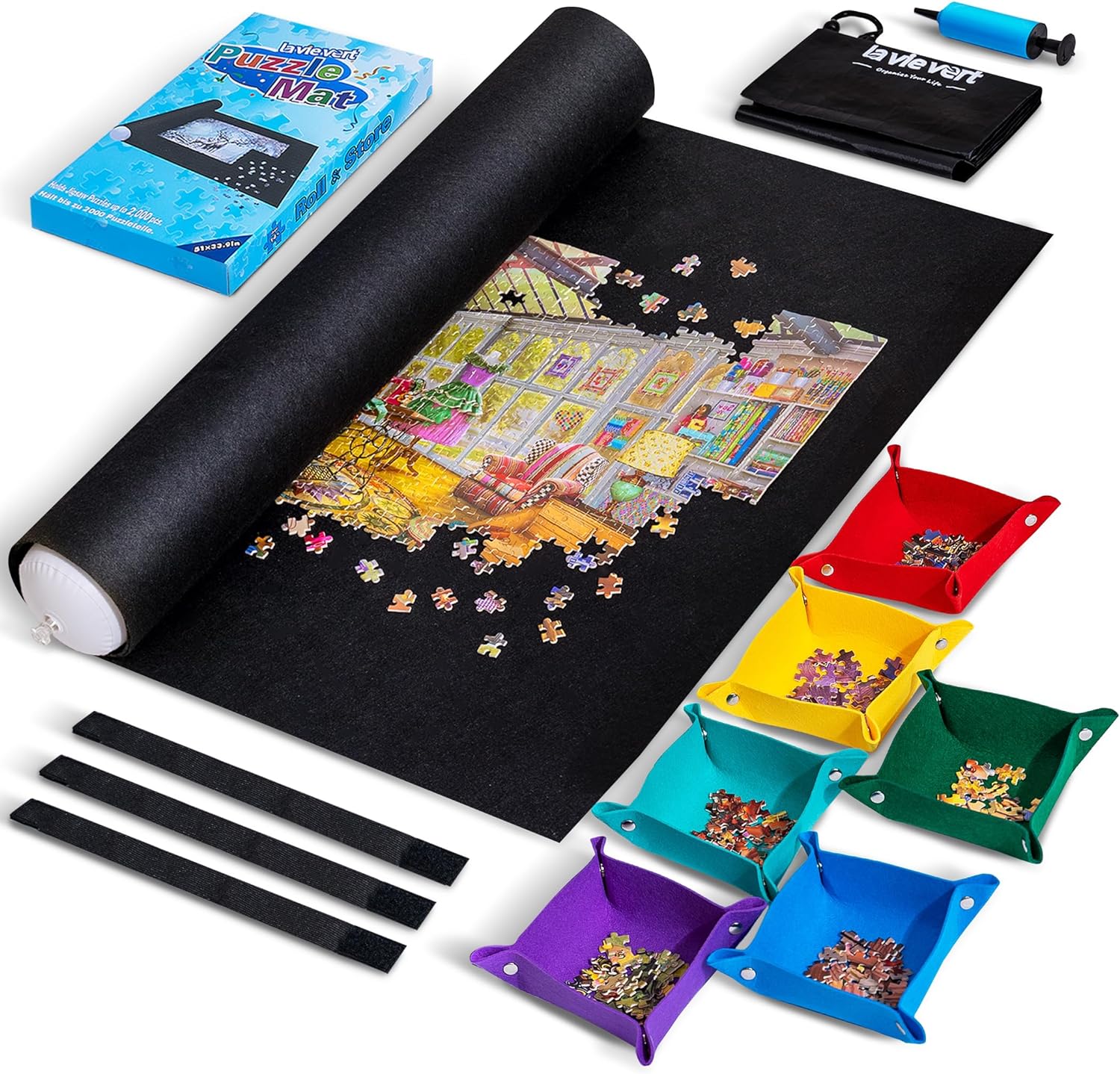 Lavievert Jigsaw Puzzle Mat Roll Up with 6 Color Sorting Trays, Store and Transp...