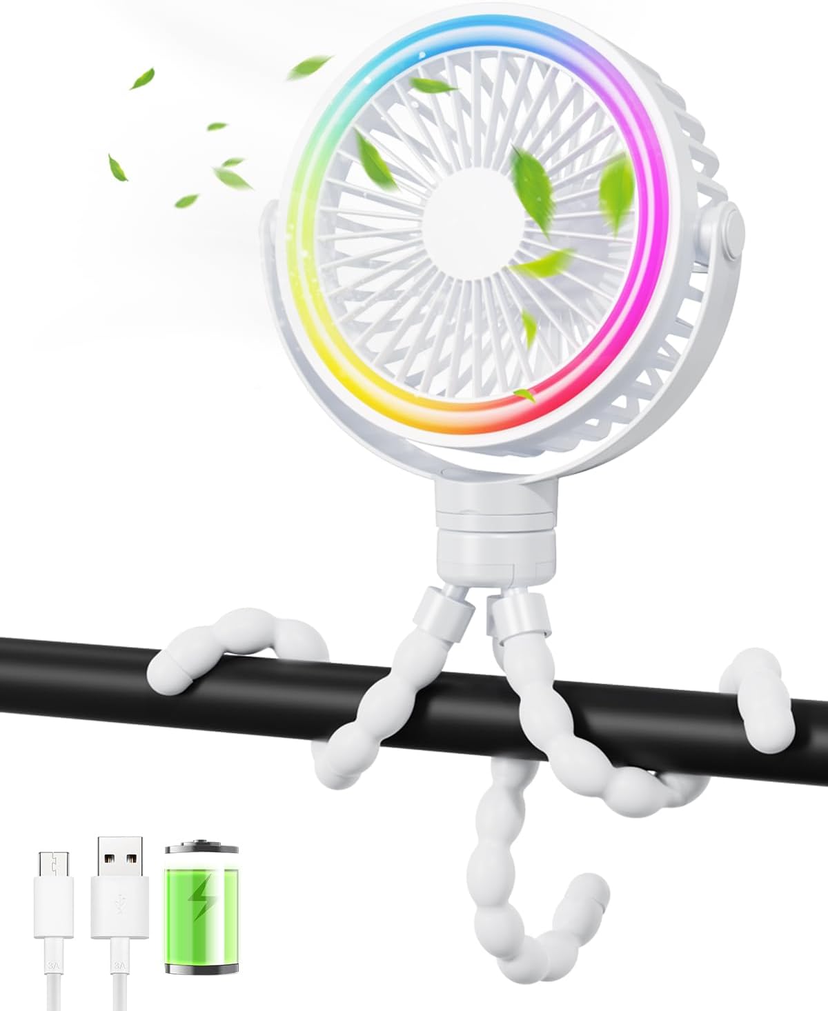 DOOMAY Portable USB Desk Fan - 3 Speeds, 2000mAh Battery, 8 Color Lights, Flexib...