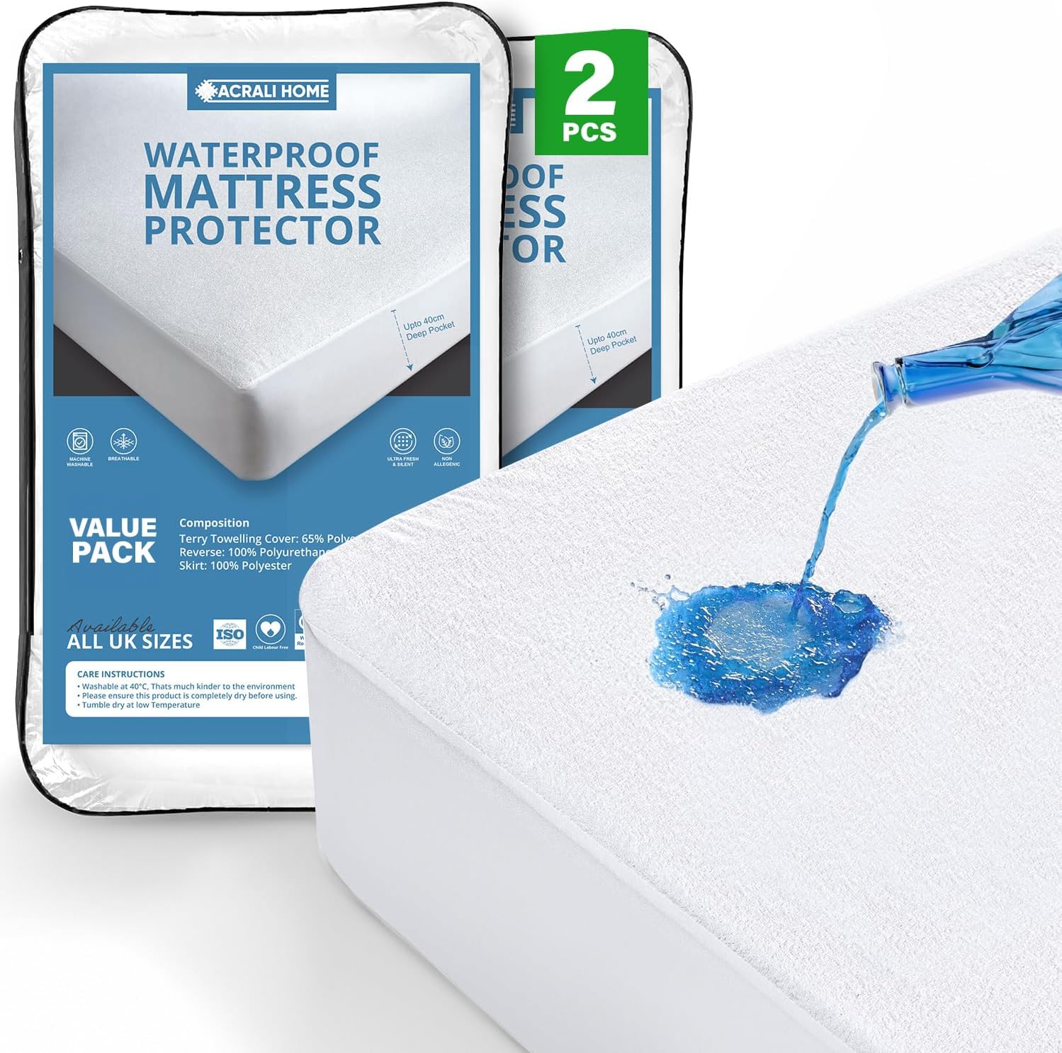 Acrali Home 100% Waterproof Mattress Protector King Size Bed (2 Pack) - Non Nois...