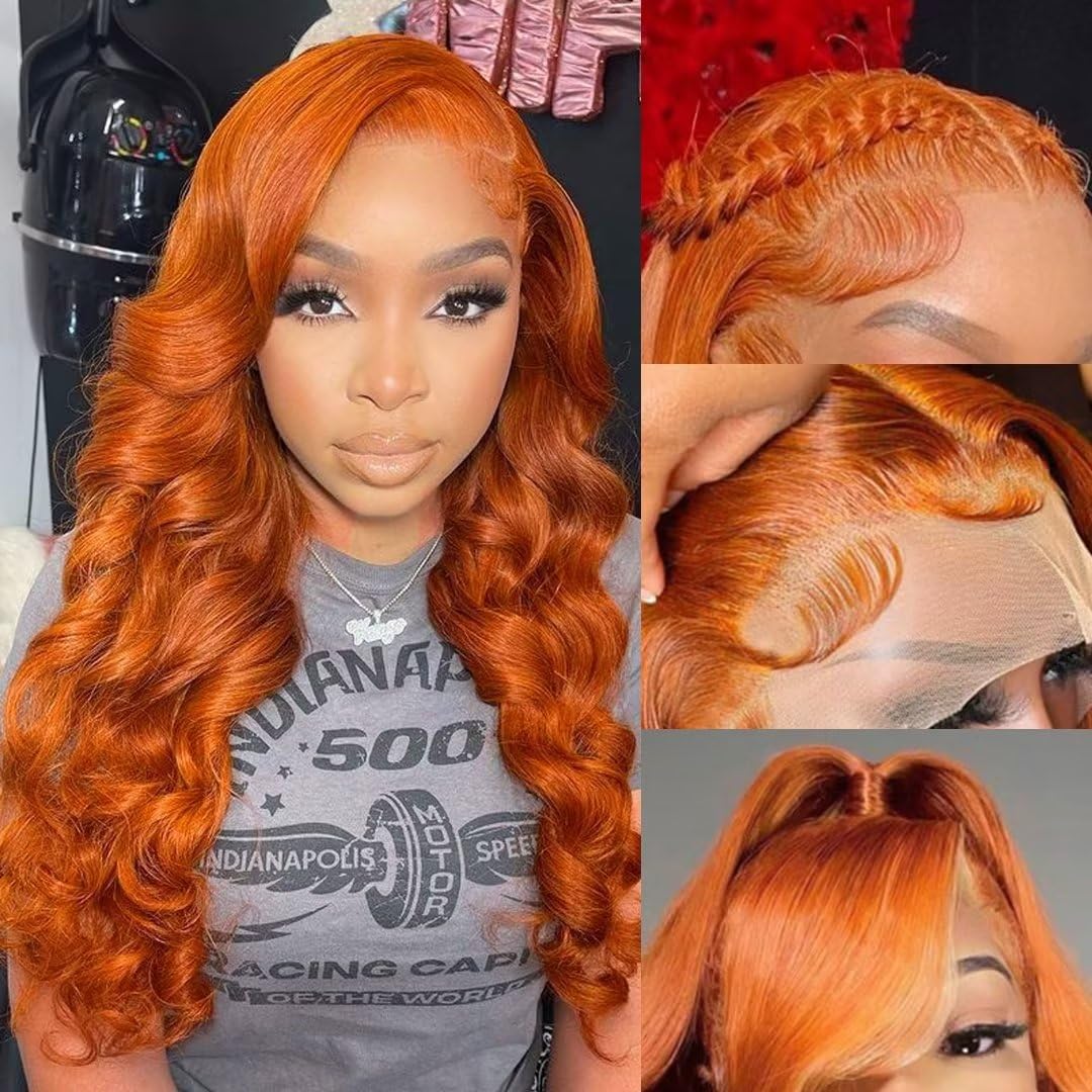 28 Inch Ginger Orange Lace Front Wig, Special Human Hair Body Wave Wig, Innovati...