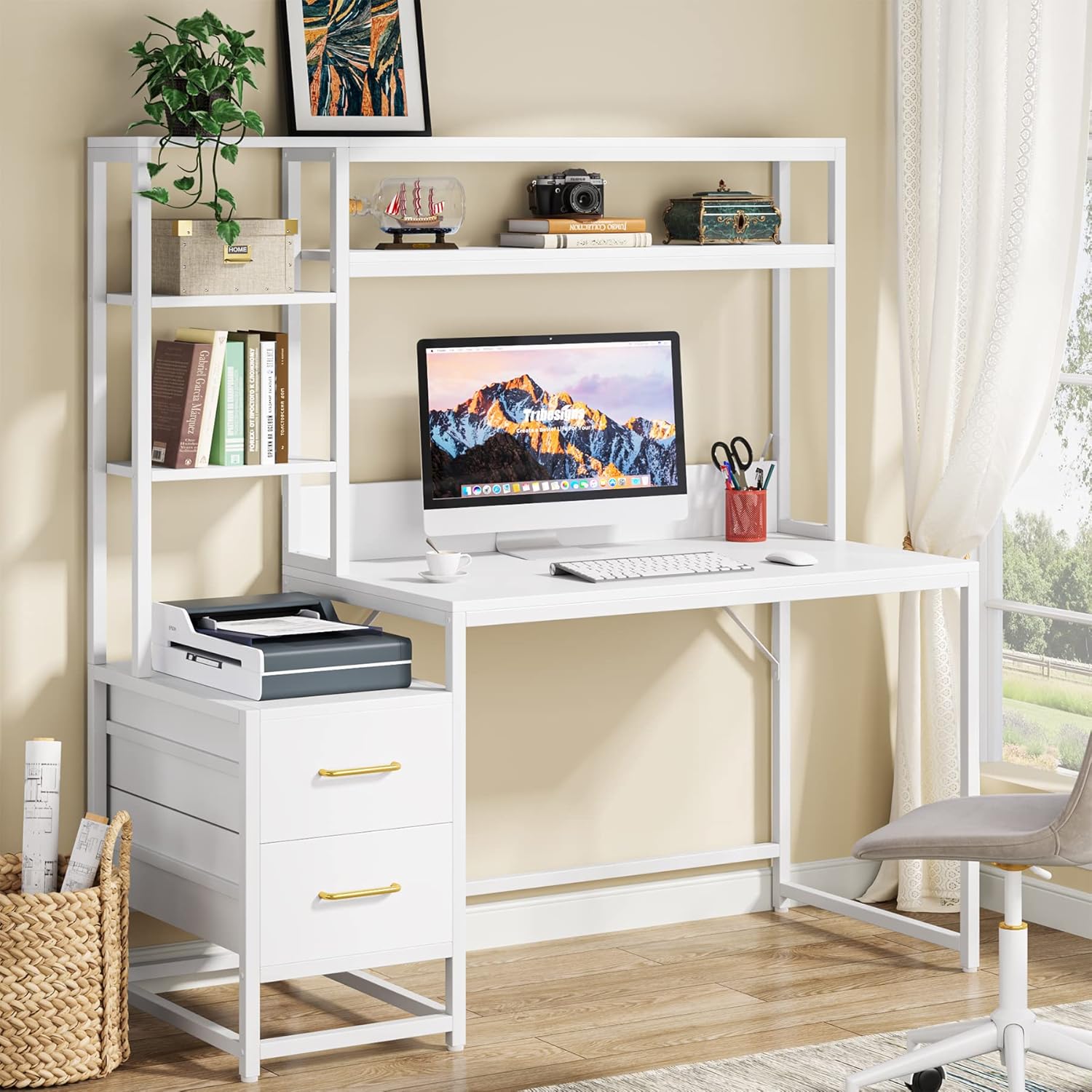 Tribesigns 55 Inch Computer Desk, Innovative Computer Desk with 2 Drawers and St...