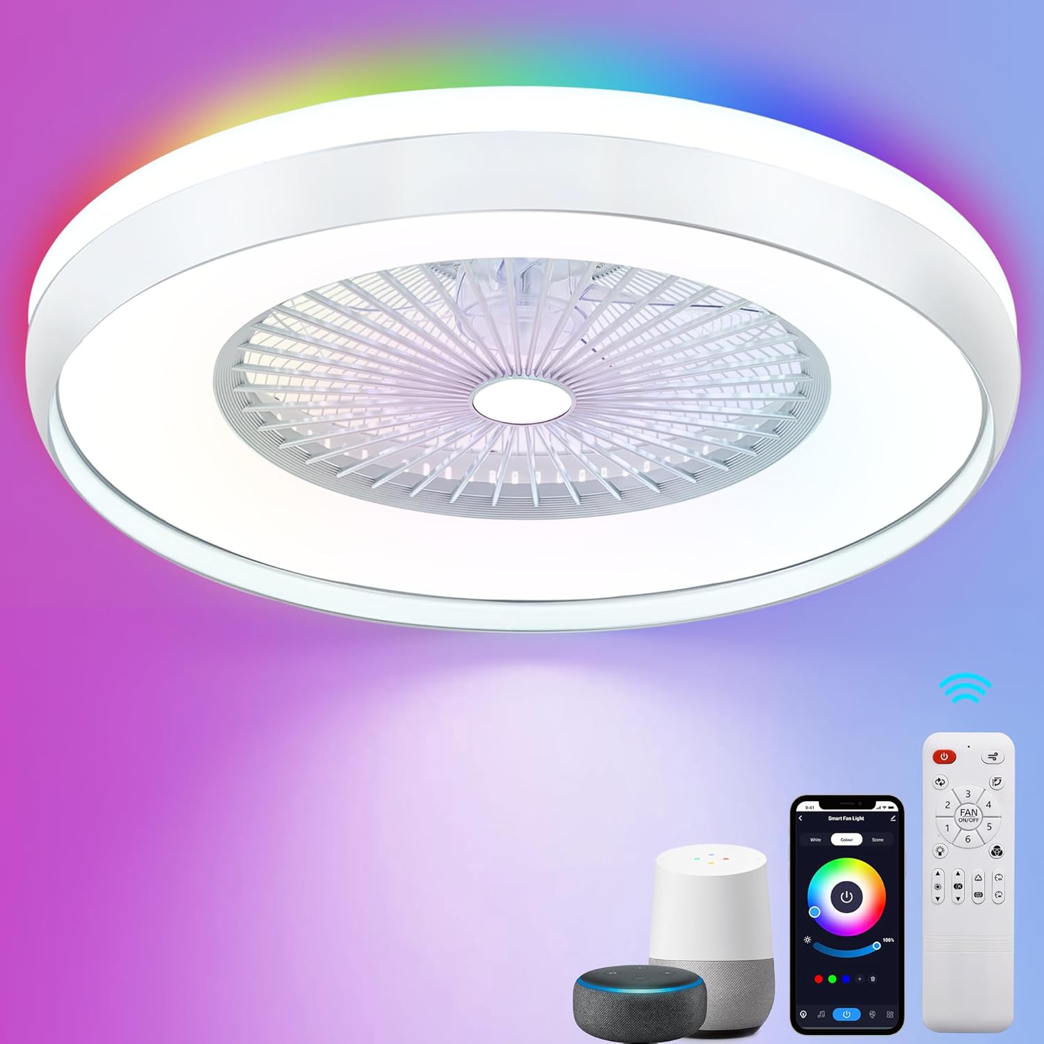 24" Low Profile Ceiling Fans with Lights, Smart Bladeless Flush Mount Ceiling Fa...