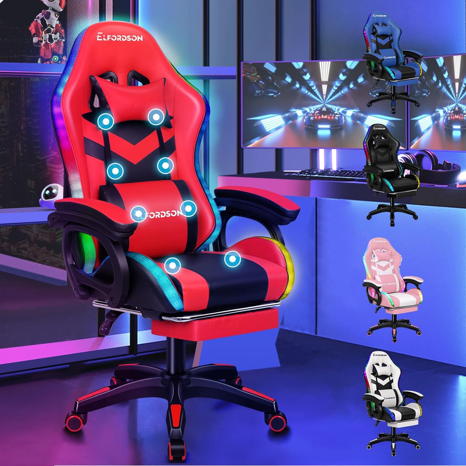 ELFORDSON Gaming Chair with RGB LED Light, 8-Point Massage Computer Office Chair...