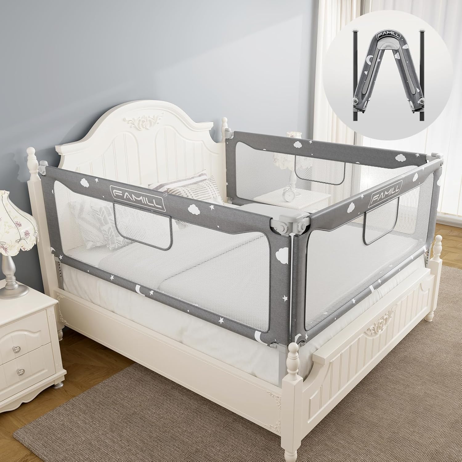 Toddler Bed Rail with 2 Minutes Assembly, Foldable Bed Guard Rail for Toddlers,...