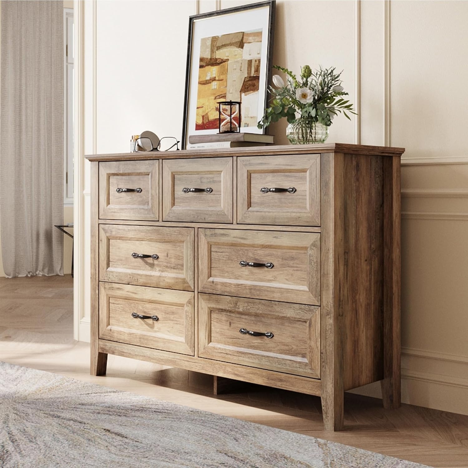 LINSY HOME Farmhouse 7 Drawers Dresser, Special Wood Dresser Wide Chest for Bedr...